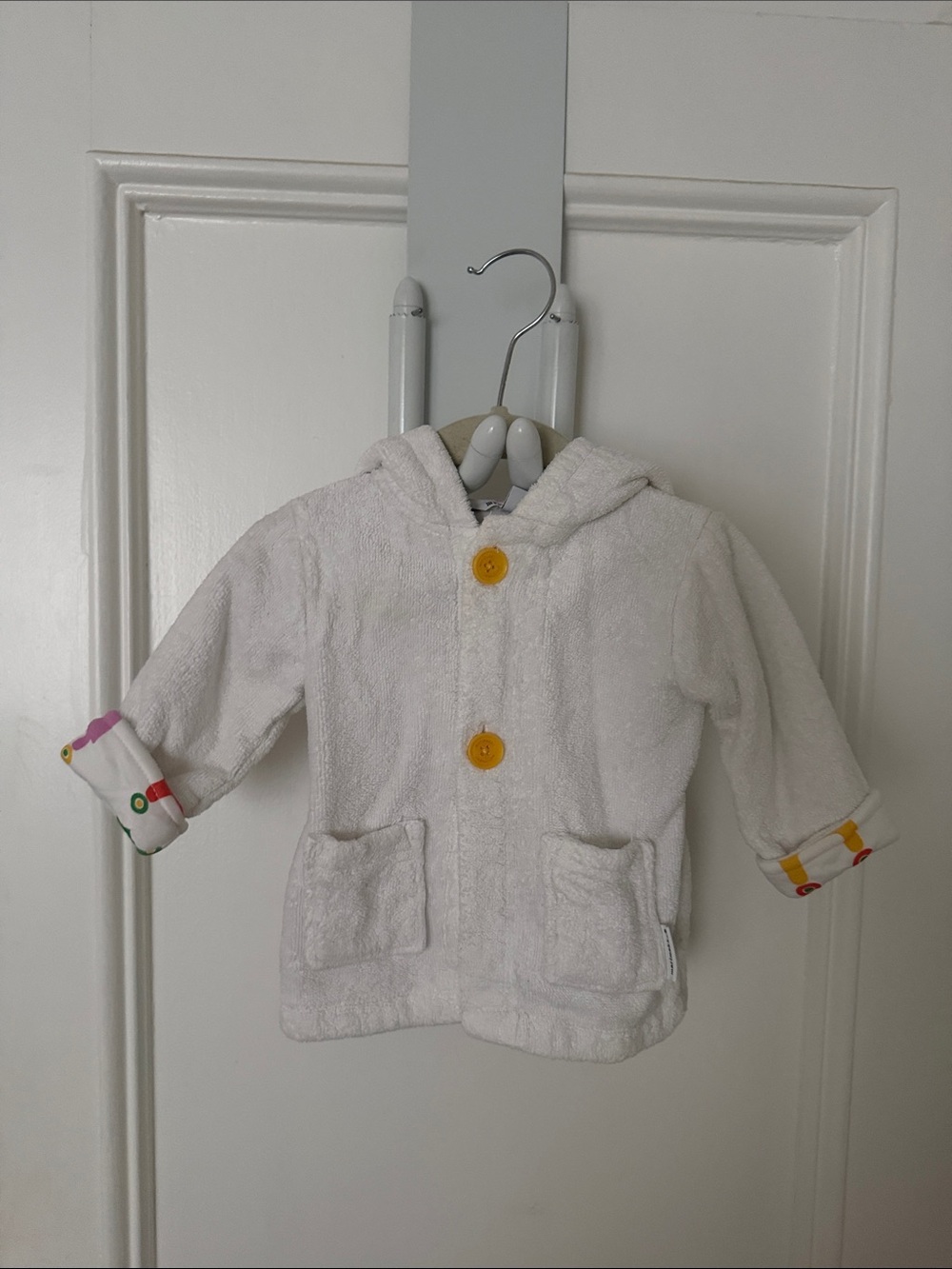 Marimekko White Hooded Terry Jacket with Yellow Buttons and Multicolor Cuff Trim